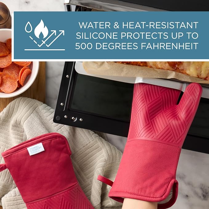 Town & Country Basics Basketweave Soft Silicone Oven Mitt 2-Pack Set, Heat Resistant up to 500F, Flexible Silicone, Non-Slip Grip, Red, 7.5"x13"