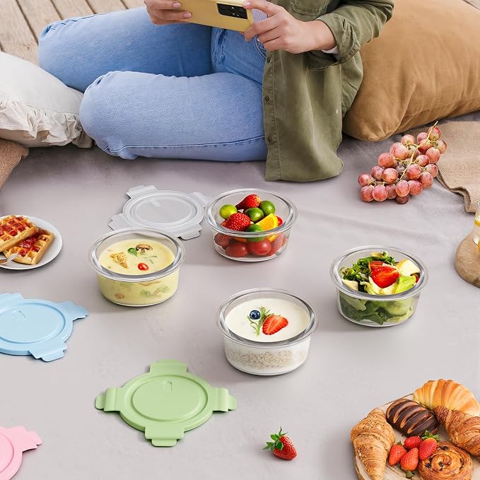 1.5Cup/12oz Small Glass Containers with Lids, Airtight Food Storage, 4 Pack | Leakproof丨Food Grade丨BPA-Free丨Borosilicate Glass丨Meal Prep Lunch Soup Leftovers丨Microwave Oven Dishwasher&Freezer Safe丨Round
