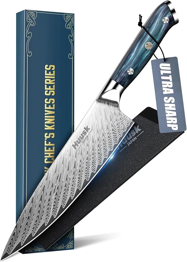 Huusk Japanese Chef Knife, 8" Stainless Kitchen Knife with Ergonomic Resin Handle & Sheath, Sharp Kitchen Knives Full Tang, Japanese High Carbon Steel Cooking Knifes, Fathers' Day Gift Idea for Dad