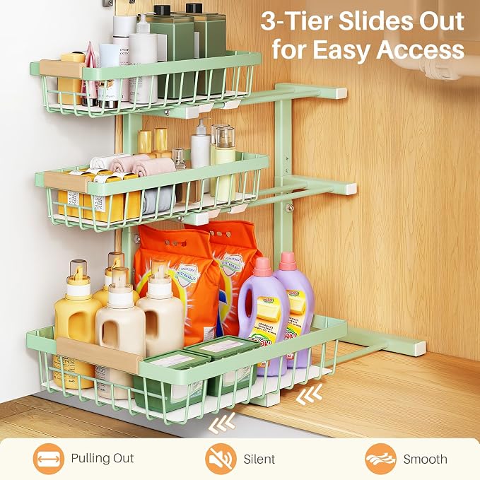 PXRACK Under Sink Organizer, 2-Pack 3-Tier Height Adjustable Thickened Metal Pull out Cabinet Organizer Shelf, Slide out Storage Drawer Rack for Bathroom Kitchen Pantry Home Organization, Green