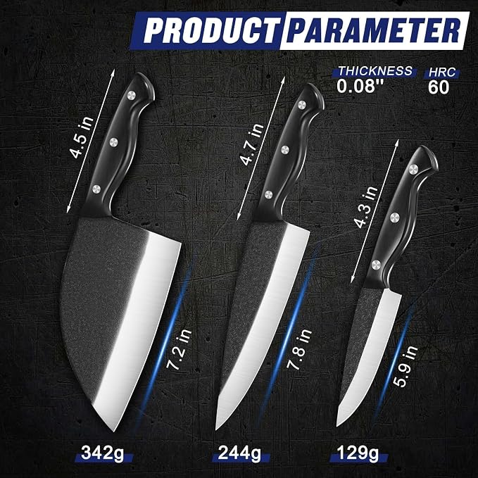 SSGP Butcher Knife Set of 3- Japanese Knife Set for Meat Cutting, Hand Forged Viking Knives Sets with Meat Cleaver, Heavy-Duty Kitchen Knives Sets for Bone BBQ Vegetable, Cooking Gifts for Men Dad