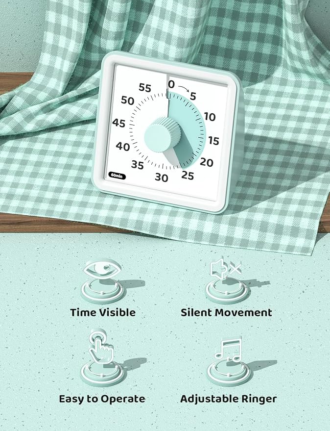 LIORQUE Visual Timer for Kids, 60-Minute Countdown Timers for Classroom Office Kitchen with Silent Operation, Kids Timer for Teaching (Batteries Included)