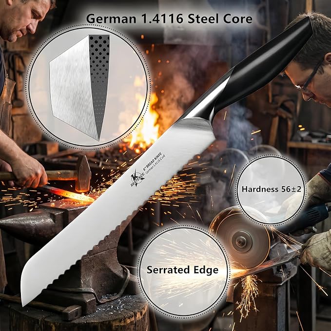 8 Inch Serrated Bread Knife German Steel Sourdough Slicer | German 1.4116 Steel, Dolphin-Curved Serrated Blade, Ambidextrous ABS Handle, Full Tang, for Sourdough and Artisan Breads