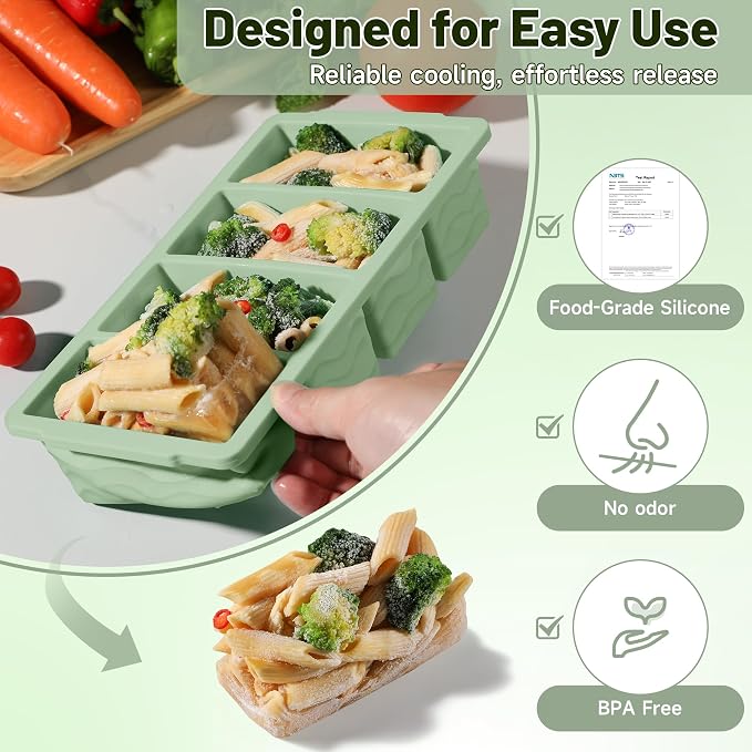 3-Pack Silicone Freezer Trays with Lid, Soup Freezer Container Molds, Silicone Freezer Molds, Ice Cube Tray for freezing Soup Sauce Broth Leftovers, Dishwasher & Oven Safe, BPA Free (1-cup,green)