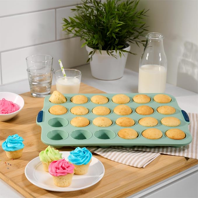 Starfrit Silicone Bakeware 24 Mini Muffin Pan with Integrated Metal Frame - Premium Silicone BPA-Free - Heat Resistant - Ergonomic Handles - Easy Release - Oven & Dishwasher Safe - Green