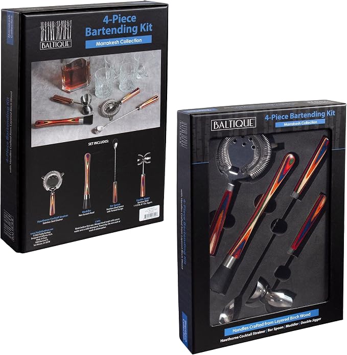 Totally Bamboo Baltique Marrakesh 4 Piece Bartender Kit, Bartending Gift Set with Essential Bar Accessory Tools, Includes Muddler, Double Sided Jigger, Hawthorne Cocktail Strainer and Bar Spoon
