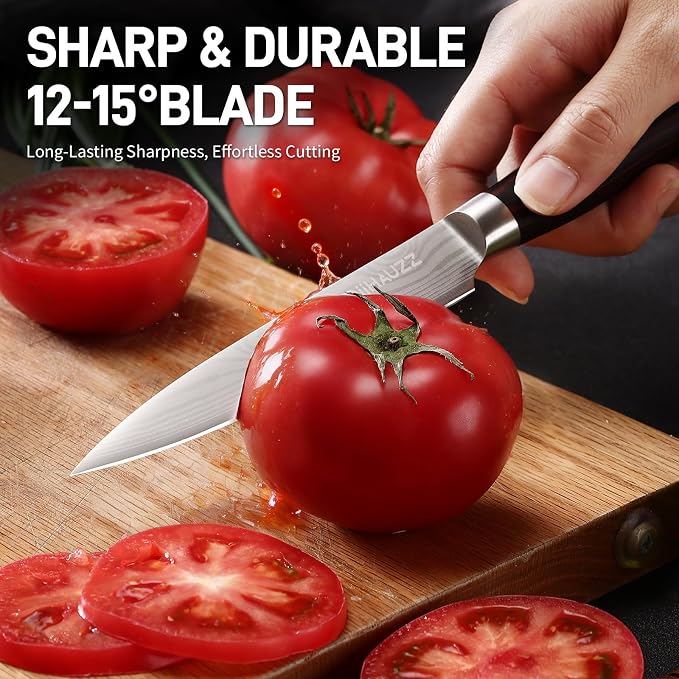 DiiHAUZZ Kitchen Utility Knife, 5 Inch Paring Knife, Ultra Sharp High Carbon Stainless Steel Chef Knife with Ergonomic Pakkawood Handle for Meat Cutting, Fruit Peeling and Vegetable Slicing