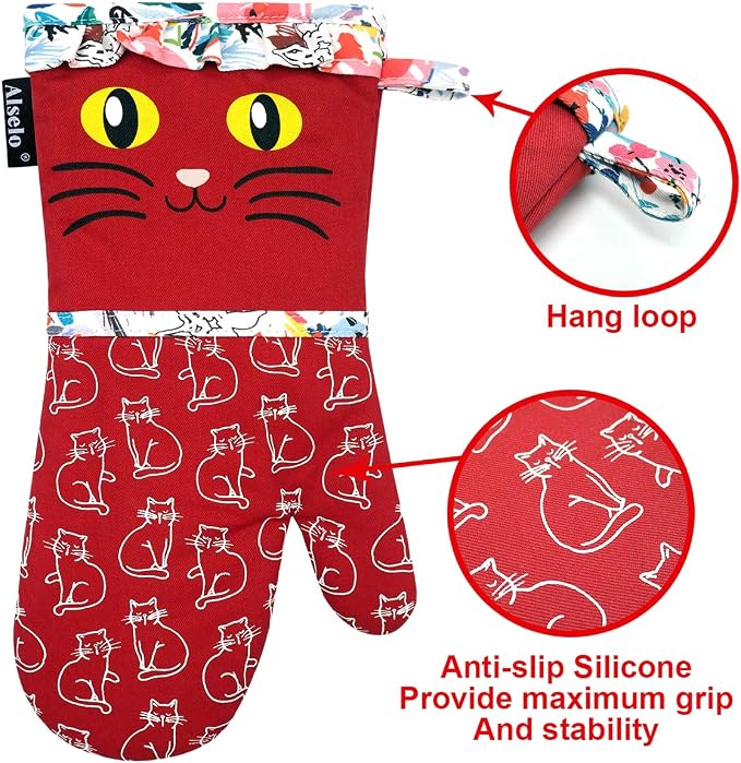 Alselo Oven Mitts, Heat Resistant with Soft Quilted Cotton Lining Set of 2, Fashion Animal Design with Silicone Printing Anti-Slip Kitchen Gloves for Safe Backing Cooking Barbecue (Red 2)