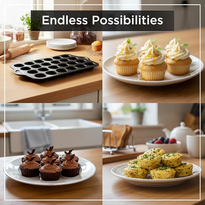 Wrenbury 24-Cup Mini Muffin Pan - PFOA-Free Non-Stick, Premium Carbon Steel | 1.8" Cups, Dishwasher Oven and Freezer Safe, Heavy Gauge