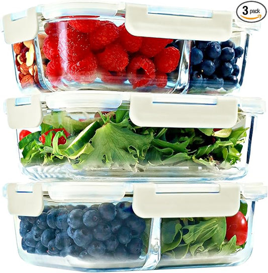 Glass Meal Prep Containers 1 & 2 & 3 Compartments, Airtight, 35 oz, 3 Pack | Bento Box Lunch Containers, Food Storage, Portion Control, Leak-Proof Lids, Microwave Oven Freezer Dishwasher Safe, Beige