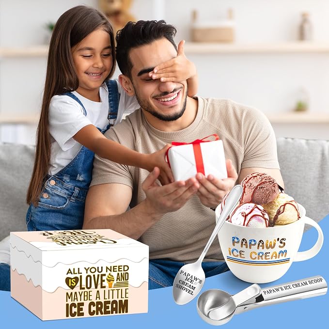 Papaw Gifts, Paw Paw's Gift Ice Cream Bowl Scoop Shovel Spoon Set, Papaw Ice Cream Gift from Grandkids Grandchildren, Ideal Xmas Birthday Father's Day Grandpa Present