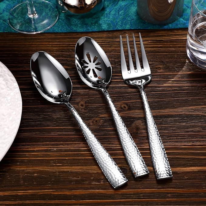 KEAWELL Premium Louis Hammered Table Utensils, 18/10 Stainless Steel, Squared Edge, Mirror Finish, Dishwasher Safe (Serving Forks, Set of 2)
