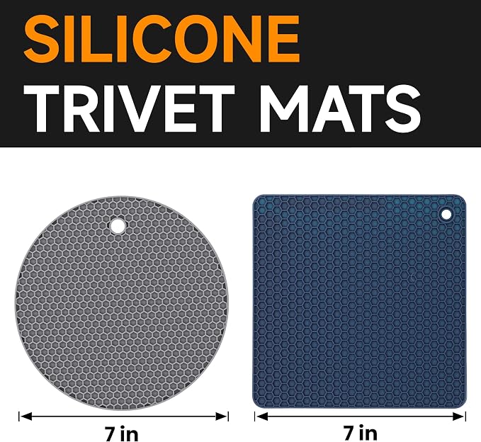 Silicone Trivets for Hot Dishes, 4-Pack Hot Pads for Kitchen Countertop Protector, Non-Slip Heat Resistant Mat for Hot Pots and Pans Food Grade Silicone Grey & Navy Blue