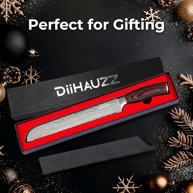 DiiHAUZZ 10 Inch Bread Knife, Serrated Knife for Homemade Bread, Razor Sharp High Carbon Stainless Steel Sourdough Cutter, Professional Bakery Kitchen Knives with Ergonomic Handle for Bagel, Cake