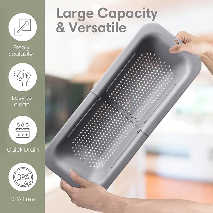 FERROFASIL Collapsible Colander Strainer Basket, Extendable Over the Sink Colander for Produce Washing, Drain Strainer and Brush, Home Apartment Essentials, 14x8x2, Gray