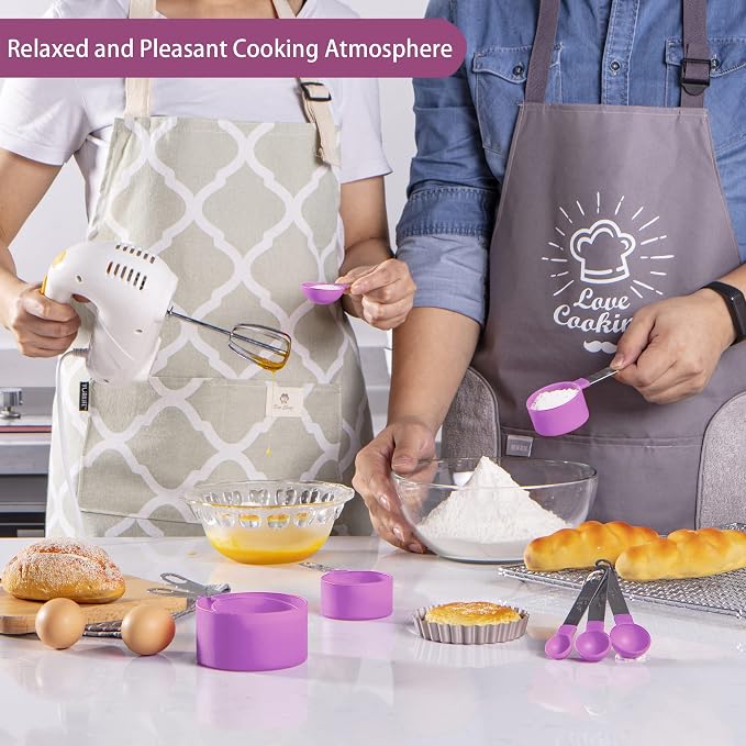 Measuring Cups and Spoons Set of Huygens Kitchen Gadgets 10 Pieces, Stackable Stainless Steel Handle Measuring Cups for Measuring Dry and Liquid Ingredient (Mauve)