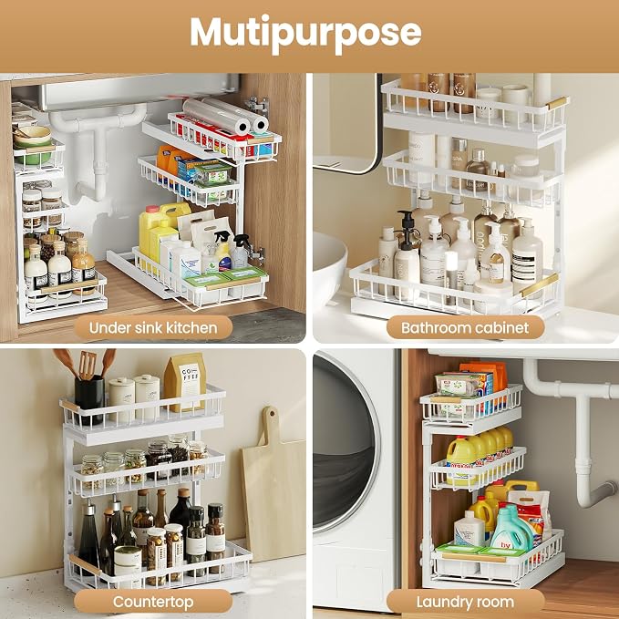 Under Sink Organizer and Storage for Bathroom and Kitchen - 2 Pack 3 Tier | Under Cabinet Pull Out Shelf Organizers - Slide Out Drawer Organization for Home Cabinets Shelves and Drawers