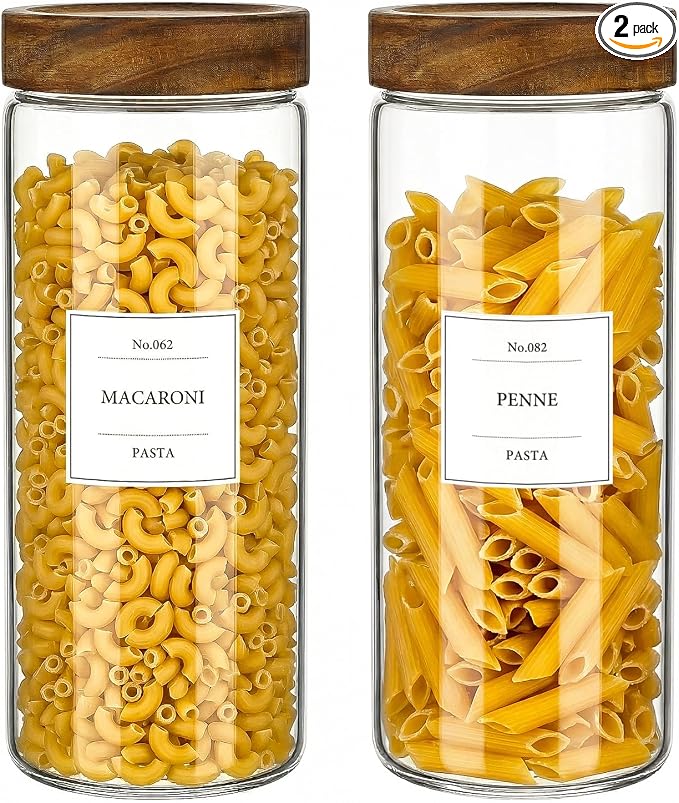 CONNOO 2-Pack 50oz Glass Storage Containers with Wood Lids | Pantry Organizers with Wooden Lids, Store Short Pasta, Flour & Dry Foods, Includes 120 Waterproof Labels for a Neat Kitchen