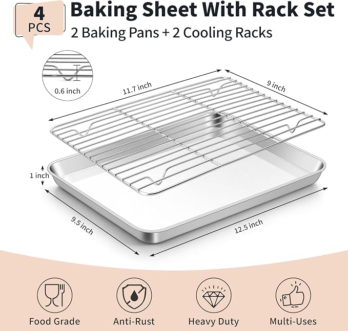 TeamFar Stainless Steel Baking Sheet with Rack Set, 12.5"x 9.5"x1" | 2 Pans + 2 Racks, Cookie Sheet Baking Pan Tray with Cooling Rack for Cooking, Non-Toxic & Rust Proof, Dishwasher Safe