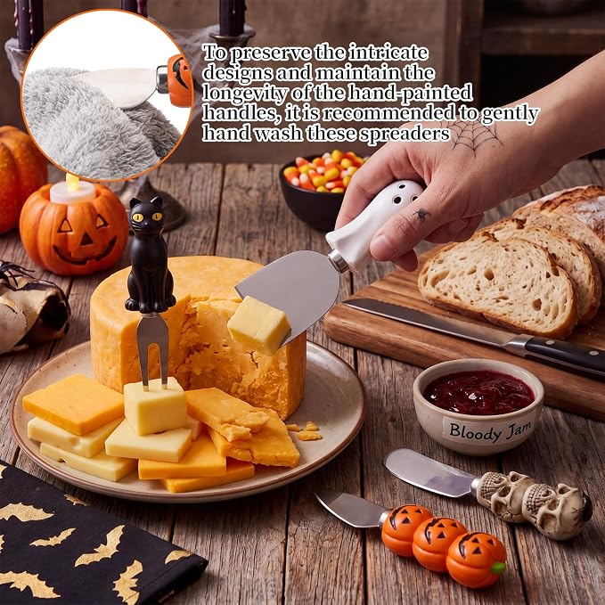 Jingmore 4 Pcs Halloween Cheese and Butter Spreader Knives Decor Pumpkin, Black Cat, Ghost, Skull Hand Painted Resin Handle with Stainless Steel Blade Multipurpose (Cheese Knives Set)