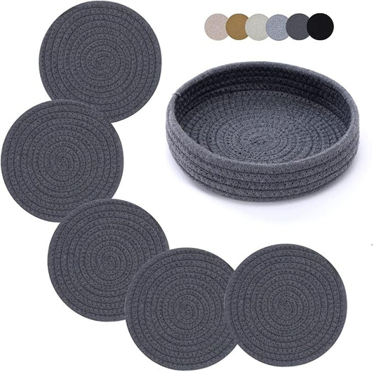 Coga Trivets for Hot Dishes, 5 Pack 7 Inch Cotton Hot Pads for Kitchen with Storage Basket, Round Pot Holders for Kitchen, Heat Resistant Mats for Countertop, Pots and Pans, Farmhouse Decor, Grey