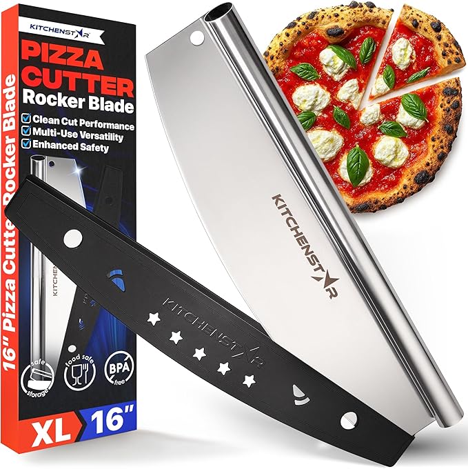 16-Inch Pizza Cutter Rocker Blade, 304 Stainless Steel Slicer Knife, Silver | Protective cover included, dishwasher safe, one-piece design, food-grade stainless steel, suitable for large pizzas