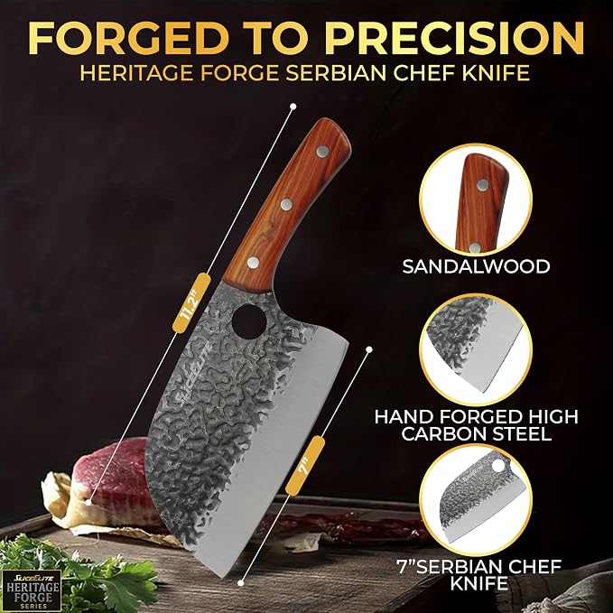 Serbian Chef Knife Vegetable Chopper Meat Cutting Kitchen Knife Food Prep | Hammered Pattern Forged Steel • Full Tang • Sandalwood Handle • Chopping • Slicing • Kitchen • BBQ • Grilling • Outdoor