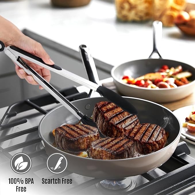 Kitchen Tongs with Silicone Tips, Set of 2 (9" & 12") Stainless Steel Tongs with Non-Slip Grip, Ideal for Cooking, Grilling, Serving, and Barbecue (BBQ), Non-Stick and Dishwasher Safe, Black