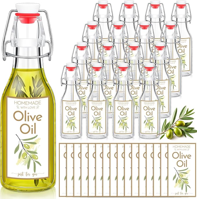 Havawish 16 Pcs 8 oz Mini Olive Oil Bottles Homemade Swing Top Clear Flip Top Bottles with Airtight Lids Labels for Storing Homemade Olive Oil Wedding Baby Shower Favors(Circle)