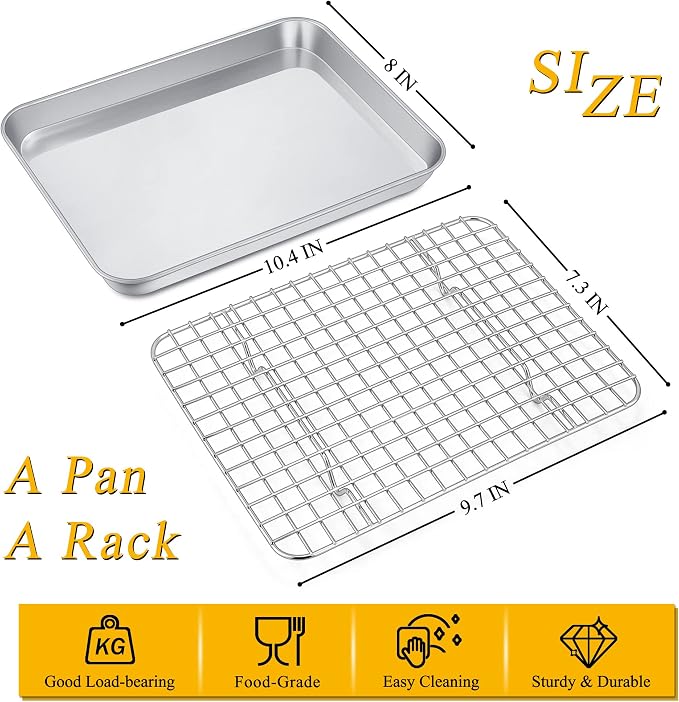 P&P CHEF 10.4 Inch Toaster Oven Pan Tray with Wire Rack, 2 PCS | Baking Sheet Pan + Cooling Rack for Cooking/Roasting, Dishwasher Safe & Rust Free, Non-toxic & Sturdy