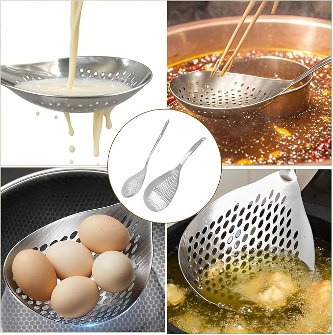 Jiozermi 2 Pcs Stainless Steel Skimmer Slotted Spoon, Pasta Spider Strainer Ladle for Frying and Cooking, Durable 304 Stainless Steel Frying Strainer Spoon for Noodles, Pasta, and Vegetables