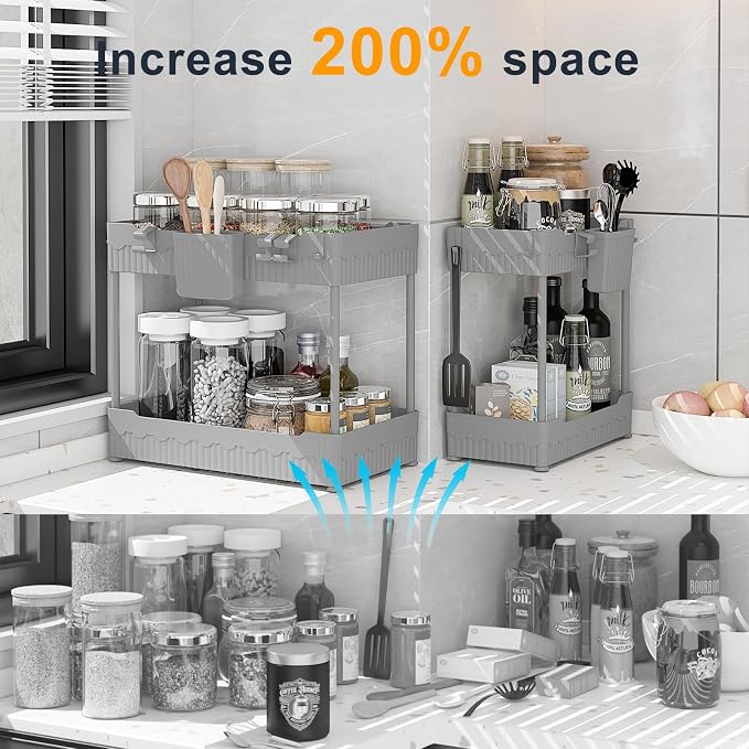 2-Pack Under Sink Organizer with Hooks & Hanging Cup for Kitchen | Multi-use kitchen & bathroom storage, 12.8 inch grey cabinet organizer, with hooks and hanging cup for easy access.