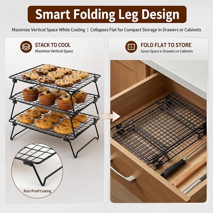 Cooling Racks for Cooking and Baking, 3-Tier Heavy-Duty Wire Cooling Rack | Bread Pie Waffles Roast Cookie Stackable Cooling Racks 10"x13.5", Oven and Dishwasher Safe, 50 Parchment Paper Included