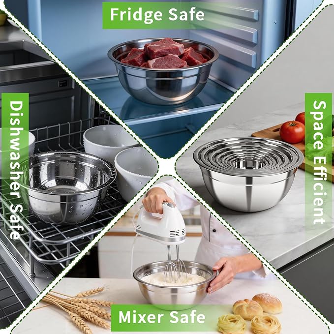 Stainless Steel Mixing Bowls with Color Lids, 7-Piece Set | Includes 7 bowls (0.7-4.5 QT) with colorful lids, stackable stainless steel mixing bowls for baking, serving and storage