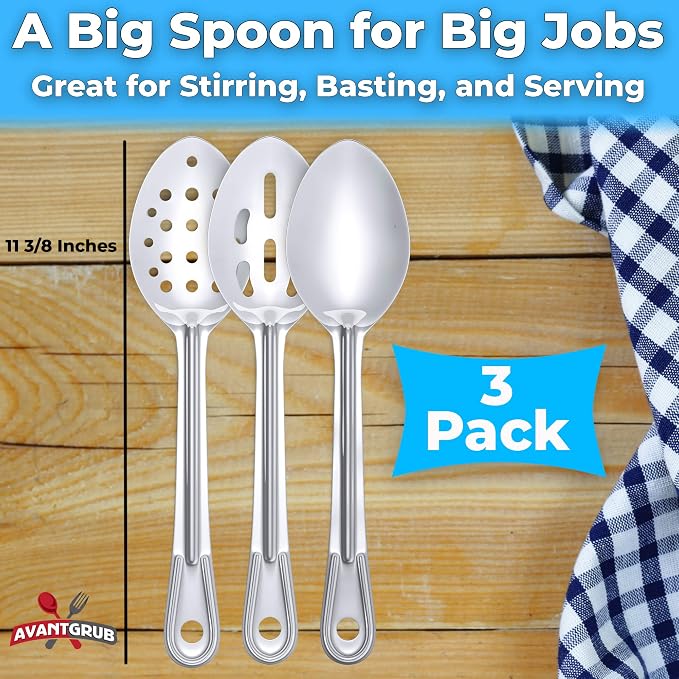 Super Strong, Ergonomic 11 in Serving Spoon 9 Pk. Big, Stainless Steel Spoons for Cooking, Baking, Stirring and Basting. Best Kitchen Flatware for Buffet and Banquet Service in Restaurants and at Home