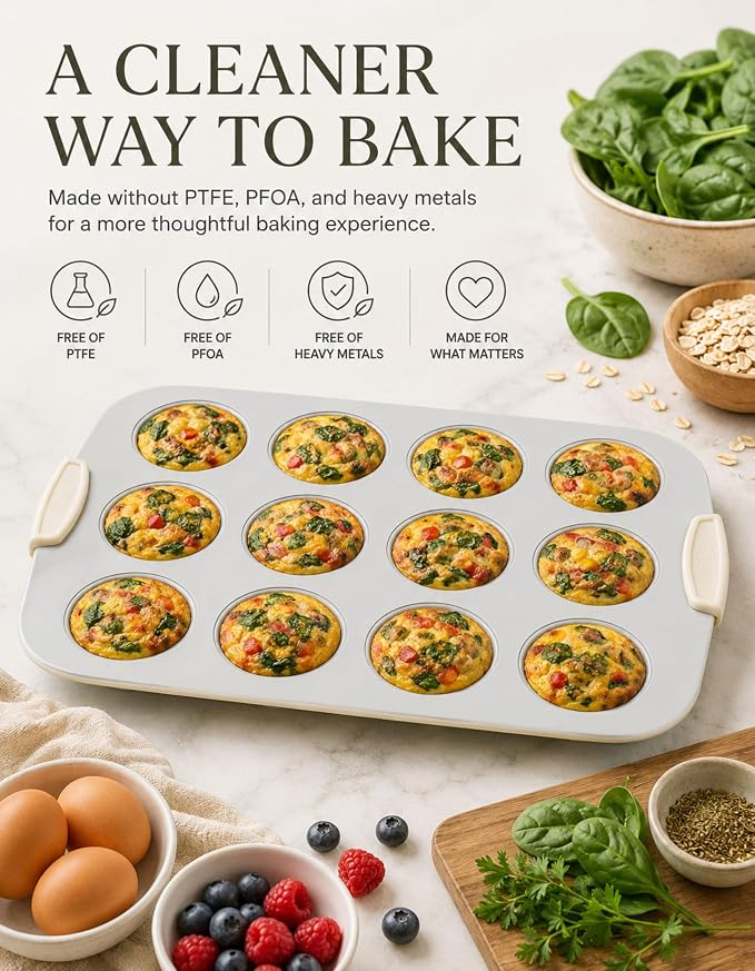 Nonstick Ceramic 12-Cup Muffin Pan, 15 x 10 Inch | Non-Toxic Coating; Rust & Dent Resistant Steel; KFCC Coating; Oven Safe to 550°F