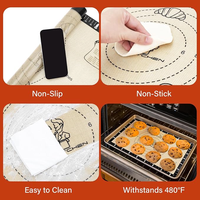 Silicone Baking Mat with Recipes, Silicone Mat for Baking Macaron, Bread, Pizza, Surdough, Silicone Baking Mat with Measurement, Non Stick Pastry Mat for Dough Rolling