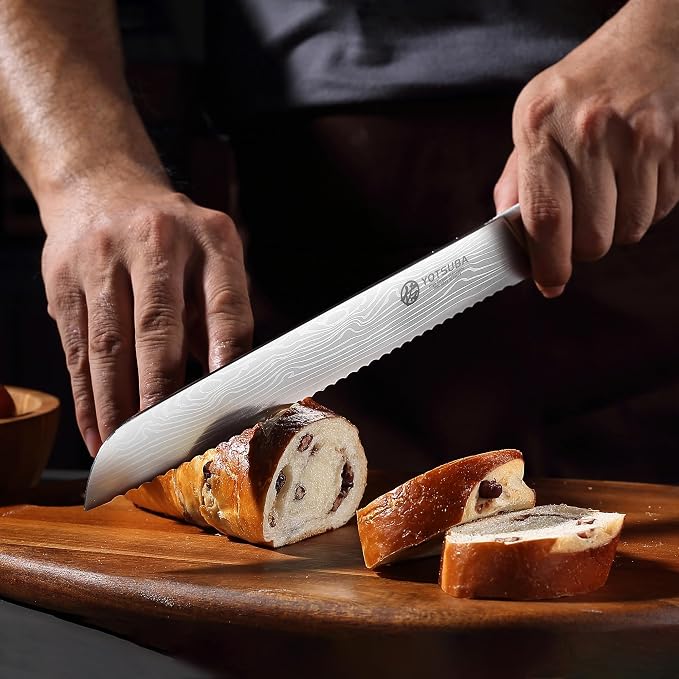 YOTSUBA 10" Japanese Bread Knife – Serrated Blade, High Carbon Japanese Stainless Steel with Natural Rosewood Handle, Perfect for Sourdough, Sandwich & Crusty Bread, Great Gift for Home Bakers