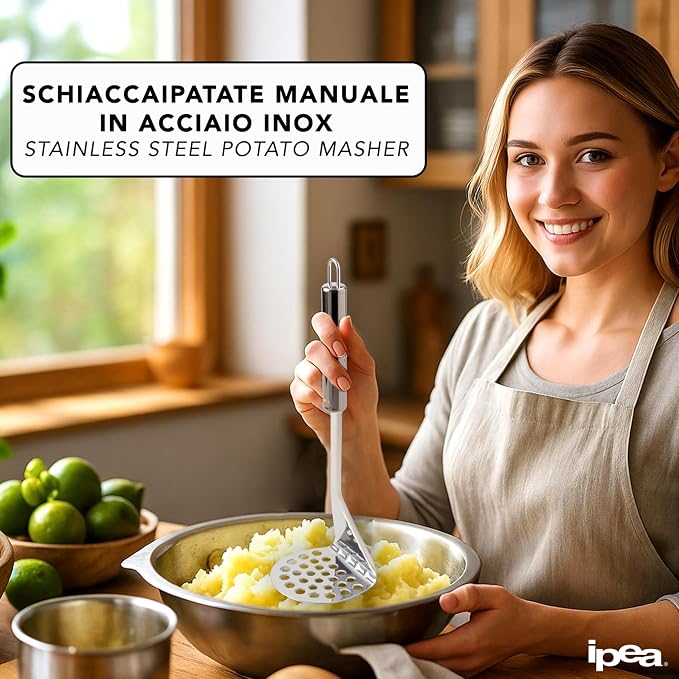 IPEA Professional Stainless Steel Potato Masher for Mashing Potatoes, Vegetables and Fruits - Slim Design - Ergonimic Handle - Manual Tool for Mashed Potatoes and Vegetable and Food Press