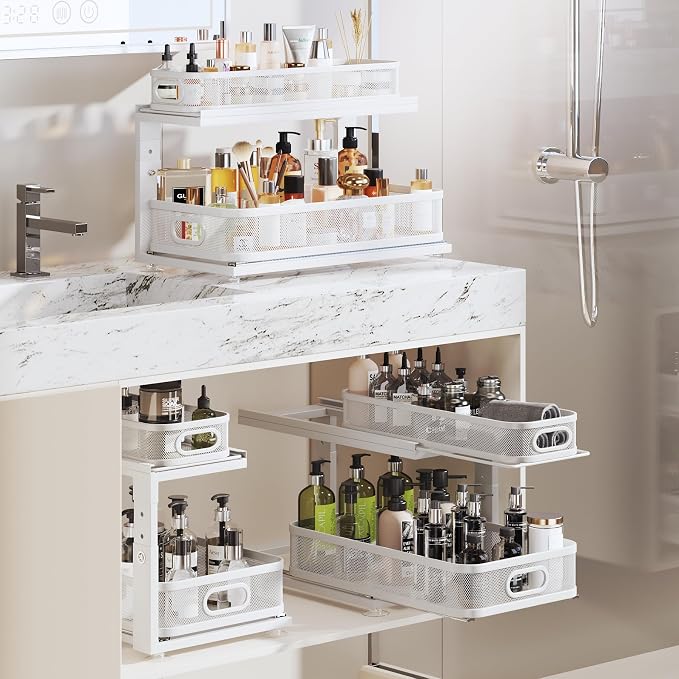 2 Pack 21IN-Depth Under Sink Organizer With Next-Gen Ball-Bearing Slides,2-Tier Precision Mesh Pull Out Cabinet Storage for Bathroom&Kitchen,Height Adjustable Drawers Shelf,Anti-rust-White