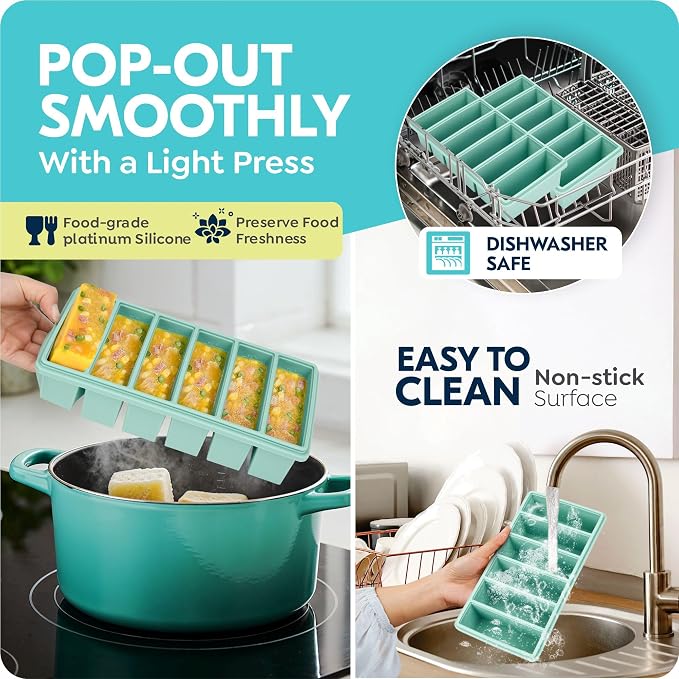 1/2 Cup Silicone Freezer Molds with Lid, Soup Container Style Ice Cube Trays for Freezer - Reinforced Steel Ring Top for freezing Soup Sauce Broth Leftovers, Dishwasher & Oven Safe, BPA Free 2 Pack