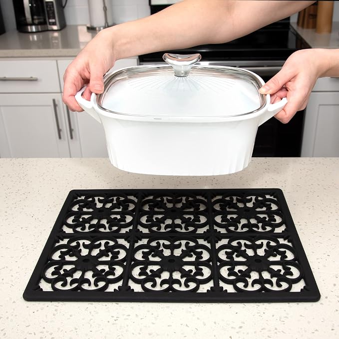 GASARÉ, Extra Large, Thick, Silicone Trivet for Hot Dishes, Pots, and Pans, Heat Resistant Mat for Countertop, Hot Pad for Kitchen, Easy to Clean, 16 x 12 x 3/8 Inches, Black