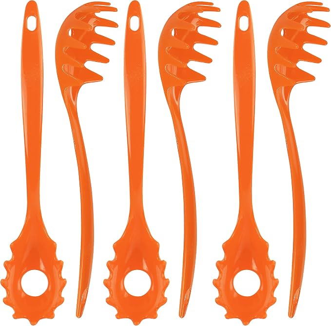 Spaghetti Spoon, Pasta Server, Fork with Ergonomic Handle, Heat Resistant, BPA Free11.5 inch Melamine Utensil by Reston Lloyd, 6 piece set, Orange