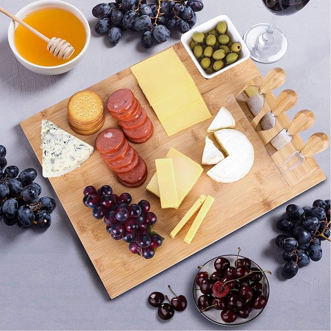 M MH ZONE Bamboo Cheese Board Set (Upgrade Type 16" x 13") Charcuterie Board with 4 Specialist Stainless Steel Knife and Ceramic Dish, Perfect Christmas Gifts for Family, Friend or Lover