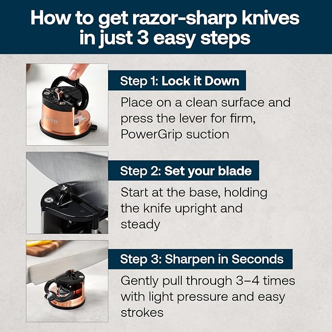 AnySharp – Chef – Hands Free Knife Sharpener - Easy to Use Sharpening Tool with PowerGrip Suction Base and 20-Degree Pre-Set Angle - for All Knives: Chef's, Serrated, and Hardened Steel - Copper