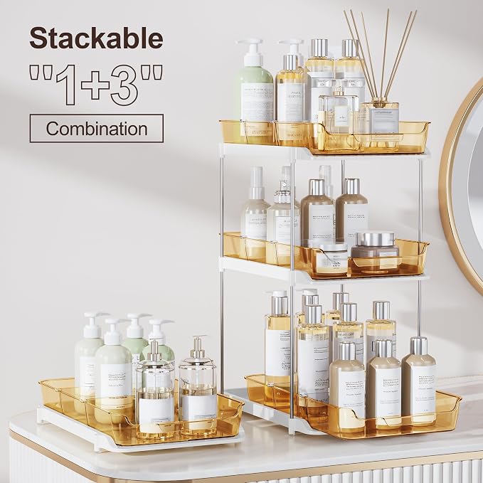 Delamu 2-Tier Multi-Purpose Bathroom Under Sink Organizers and Storage, Stackable Kitchen Pantry Organization, Pull Out Medicine Cabinet Organizer with Movable Dividers, Golden, 2 Pack