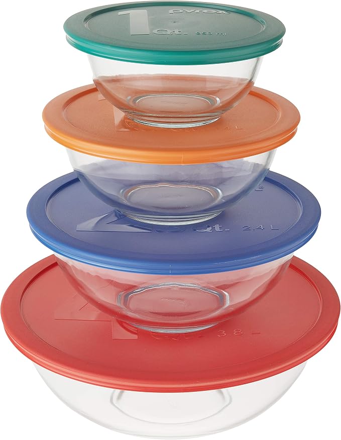 Pyrex Smart Essentials Mixing Bowl Set Including Locking Lids (Clear), 8 piece,5 quarts