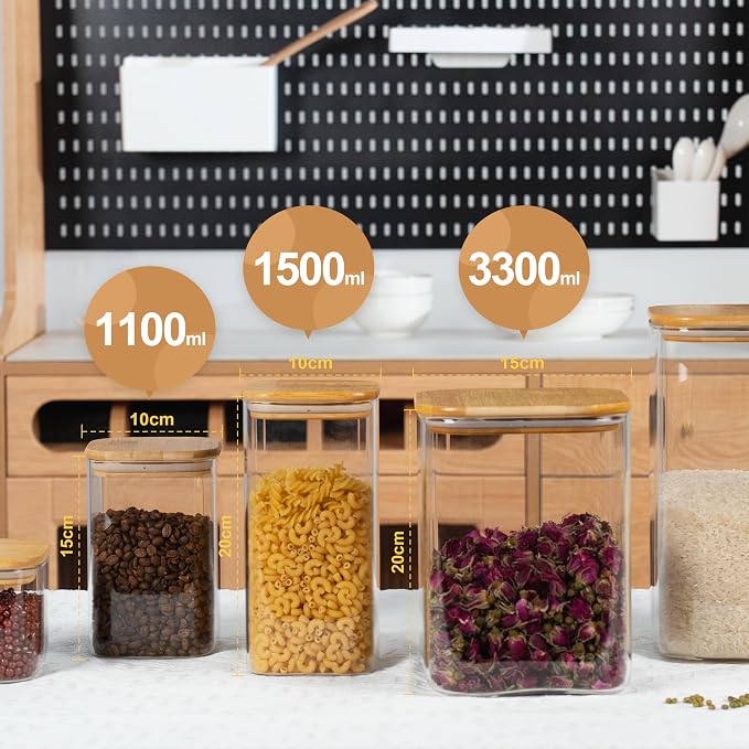 D2scrma 115oz Airtight Glass Square Storage Canister with Bamboo Lid Set of 1 (3400ml) Gallon Glass Jars Large Kitchen Canister for Sugar, Flour, Cookies and Coffee beans (‎with Black Lable)