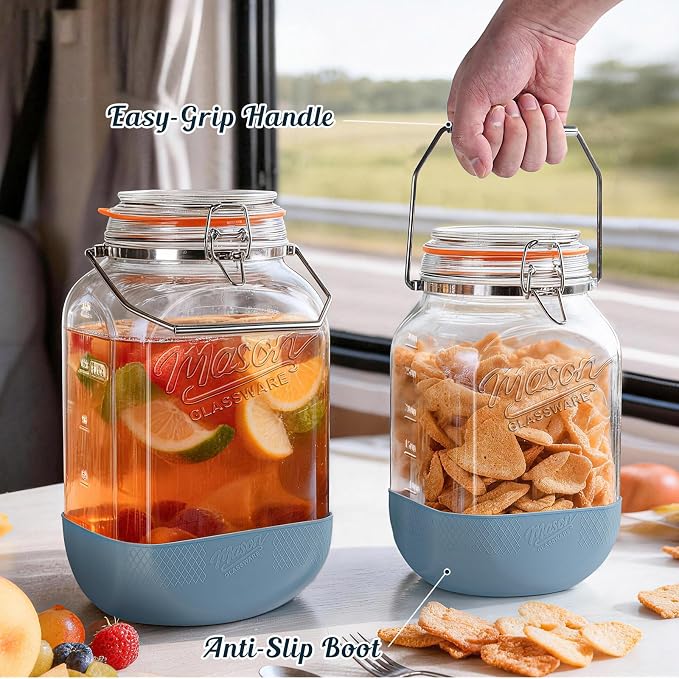 Square 1.5 Gallon Glass Jar with Airtight Lid & Handle, 2 Pack | Large Mason Jars Wide Mouth with Hinged Lid, Glass Storage Containers w Non-slip Base for Pantry, Laundry Room, Flour, Rice