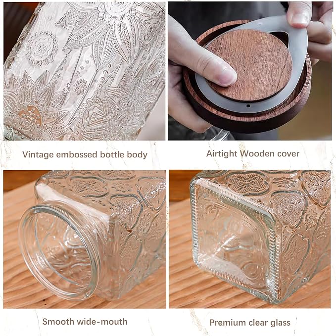 Glass Storage Jars With Airtight Lid, 35oz Container For Kitchen Counter with Wood Lid, brown sugar, candy, coffee, cookie, salt, tea, cute Jar (Large Square Sunflower)